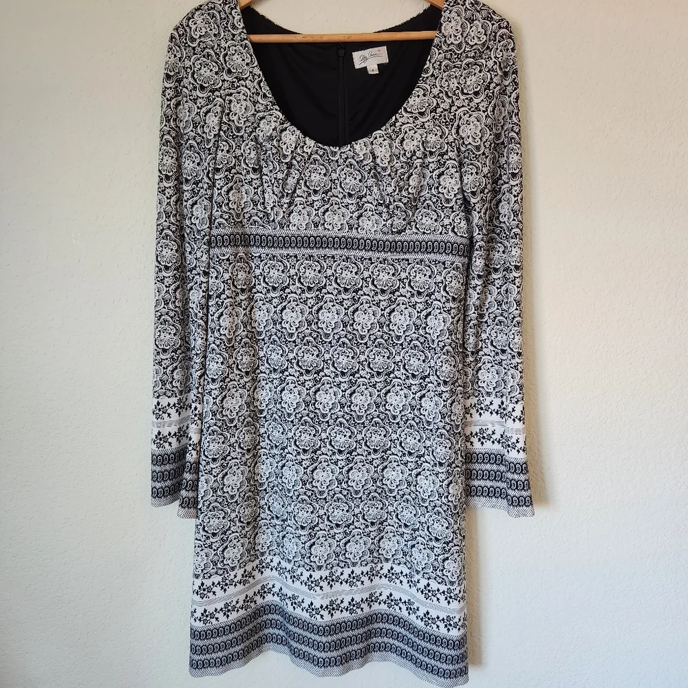 Oleg Cassini BOHO Black & White Bell Sleeve Empire Waist Midi Dress, Size 6